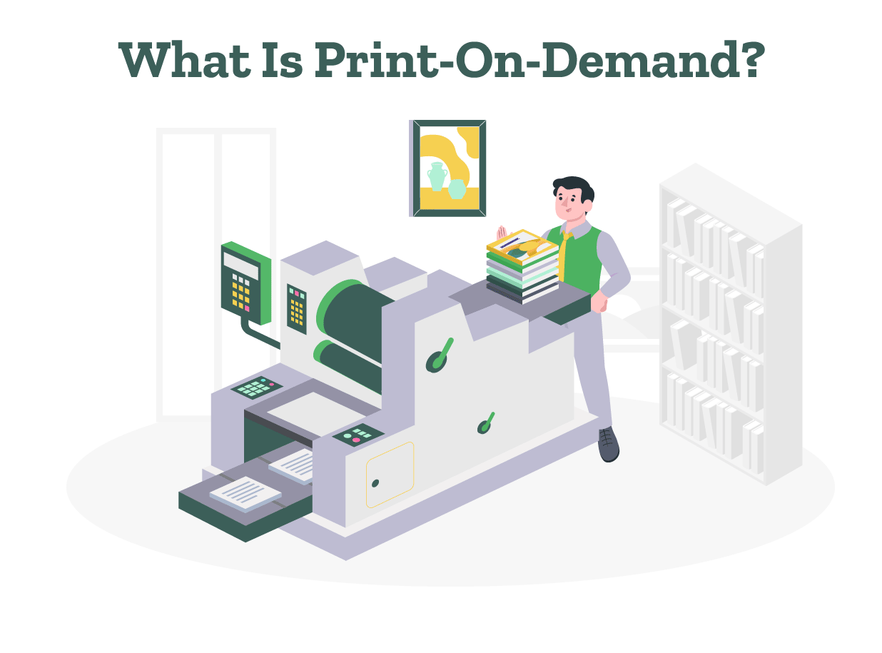 A publisher is explaining the process of print-on-demand books.