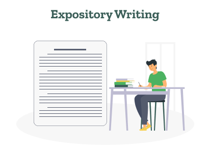 The image shows a boy explaining what is expository writing, it's types, and examples.